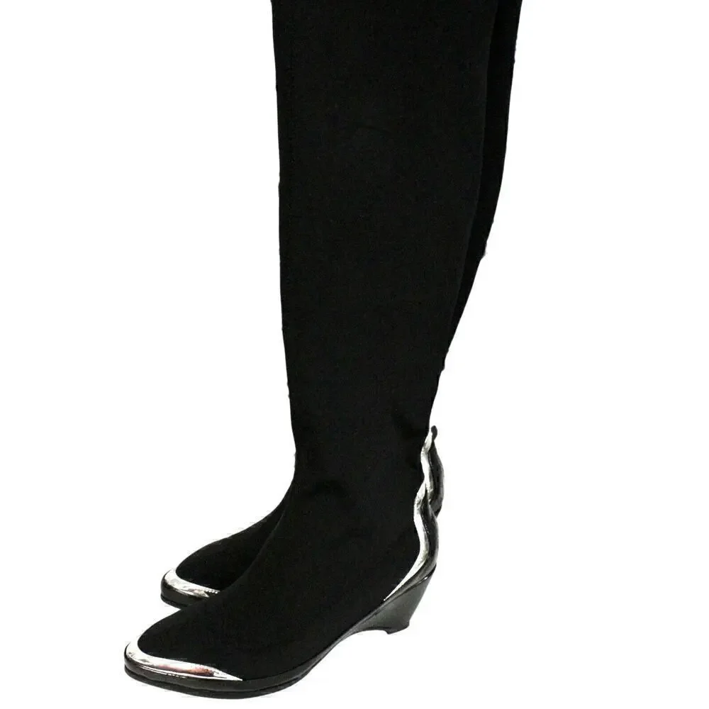 Jady Rose Walk Your Way Boots Contrastive Trim Knee Length Leather Black 8M NWOB